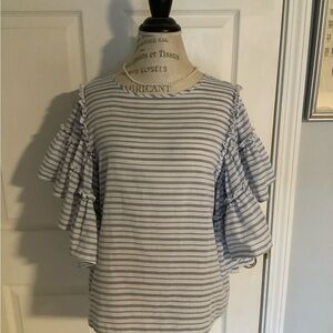 Mud Pie Ruffle Sleeve Striped Blouse - Gray and White